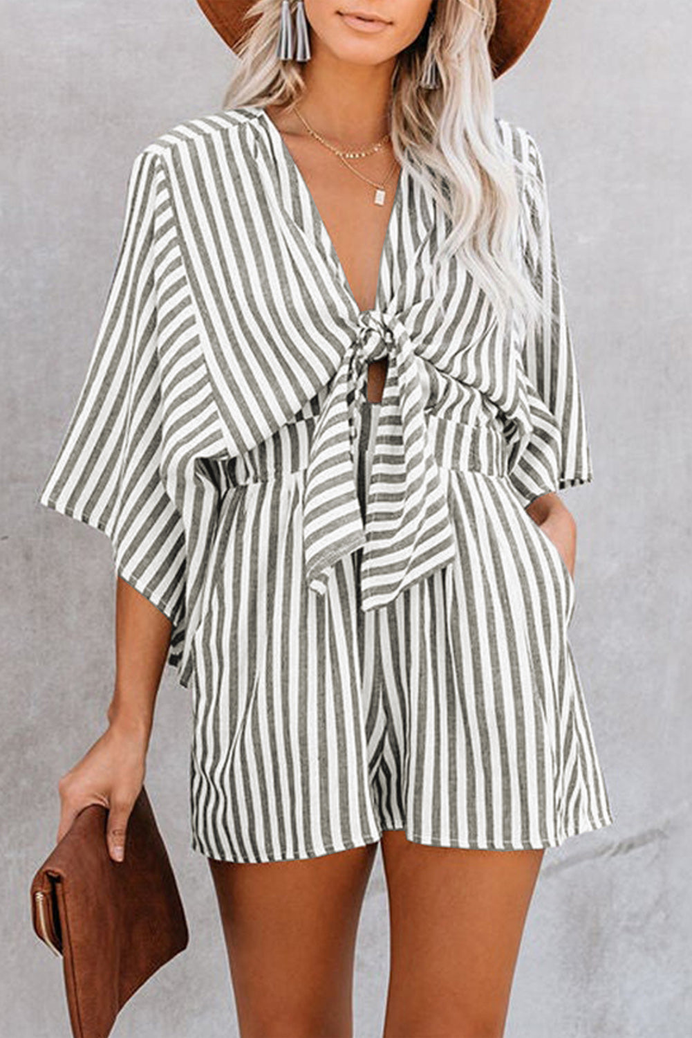 Bow Striped Kimono Sleeve Romper - Luxe4Everyday Blush Pink / S Rompers