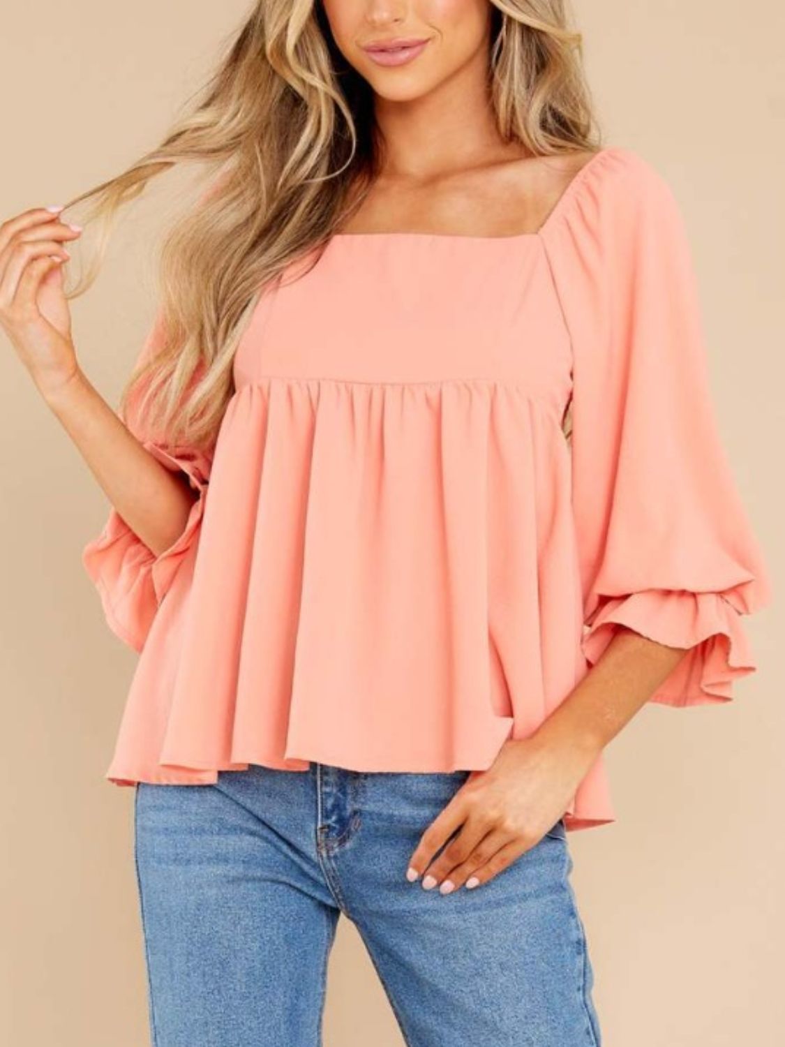 Smocked Square Neck Flounce Sleeve Blouse - Luxe4Everyday Watermelon pink / S Shirt