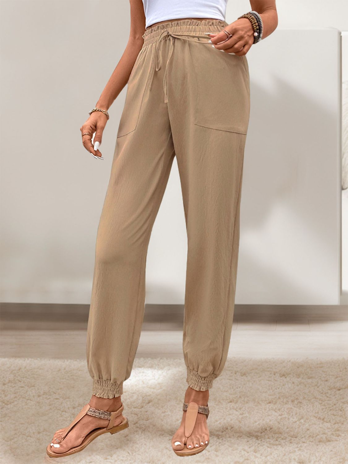 Perfee Tied Elastic Waist Pants with Pockets - Luxe4Everyday Tan / S Pants