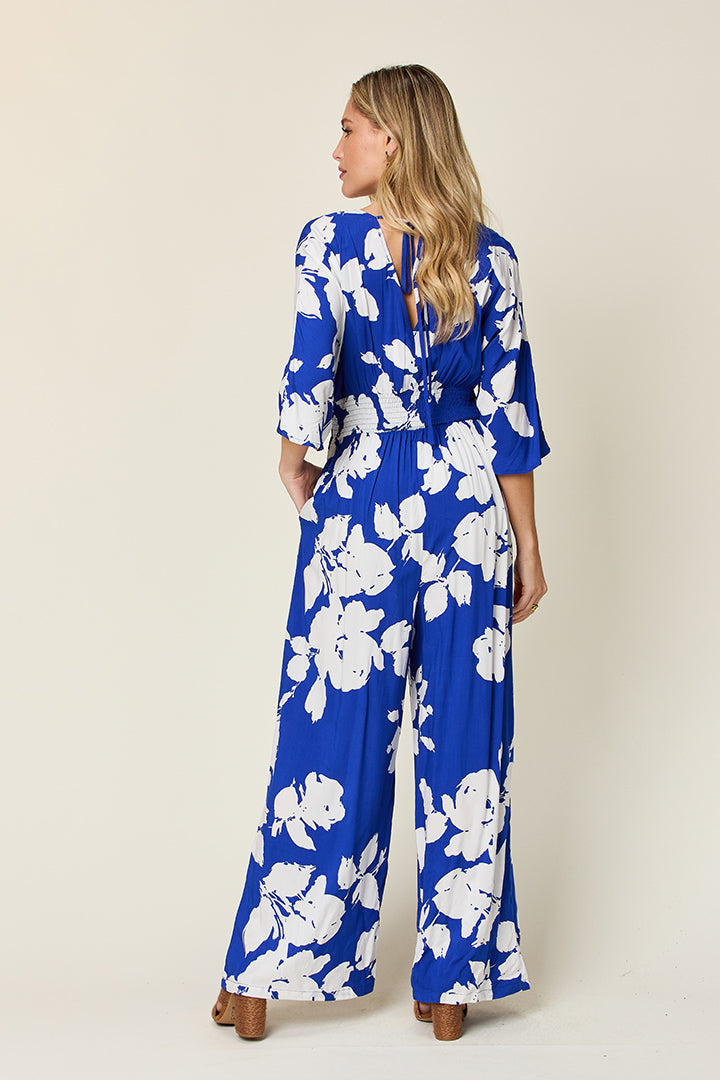 Double Take Full Size Printed Tie Back Wide Leg Jumpsuit - Luxe4Everyday Jumpsuit