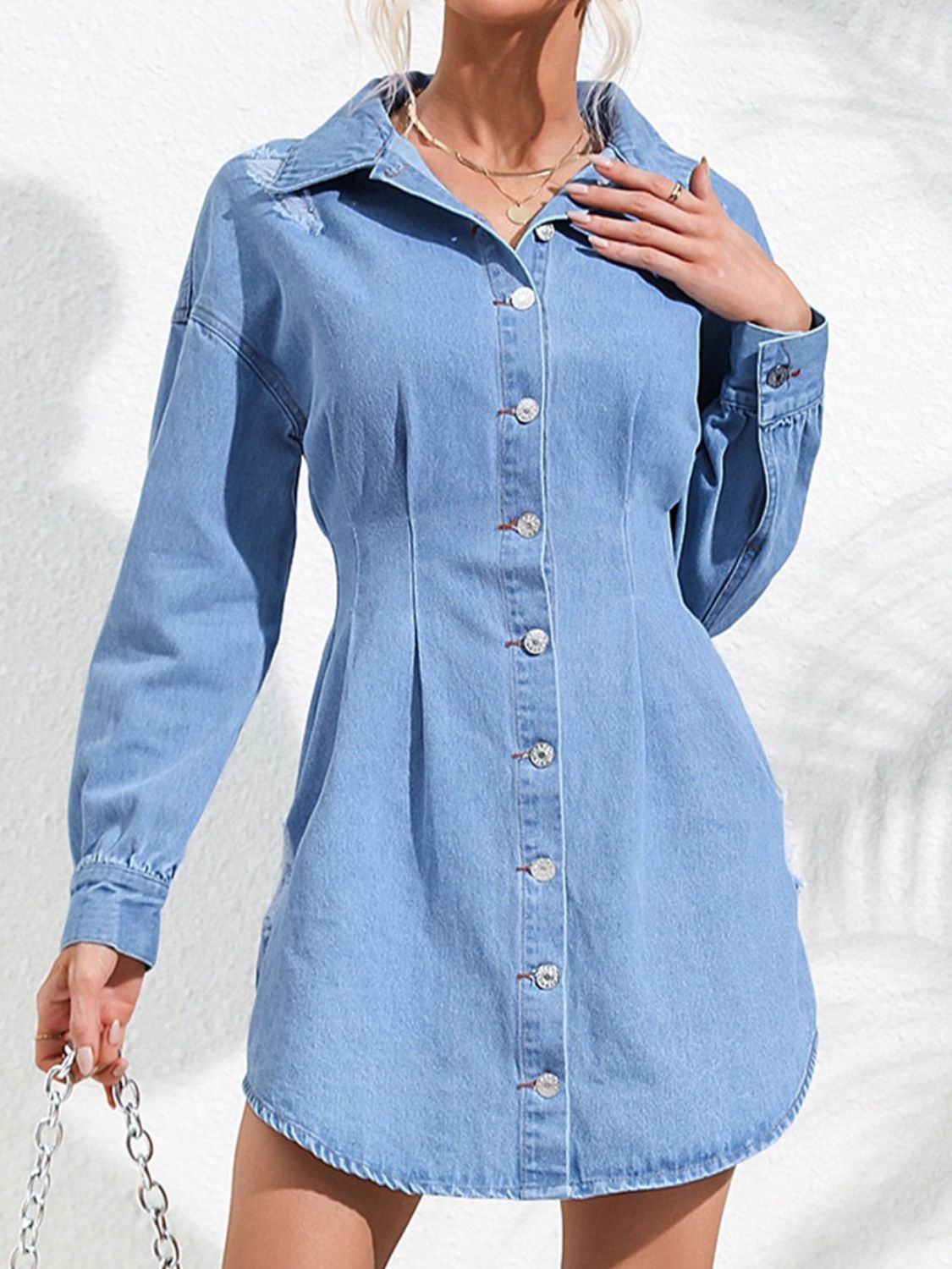 Distressed Button Up Long Sleeve Denim Dress - Luxe4Everyday Dress