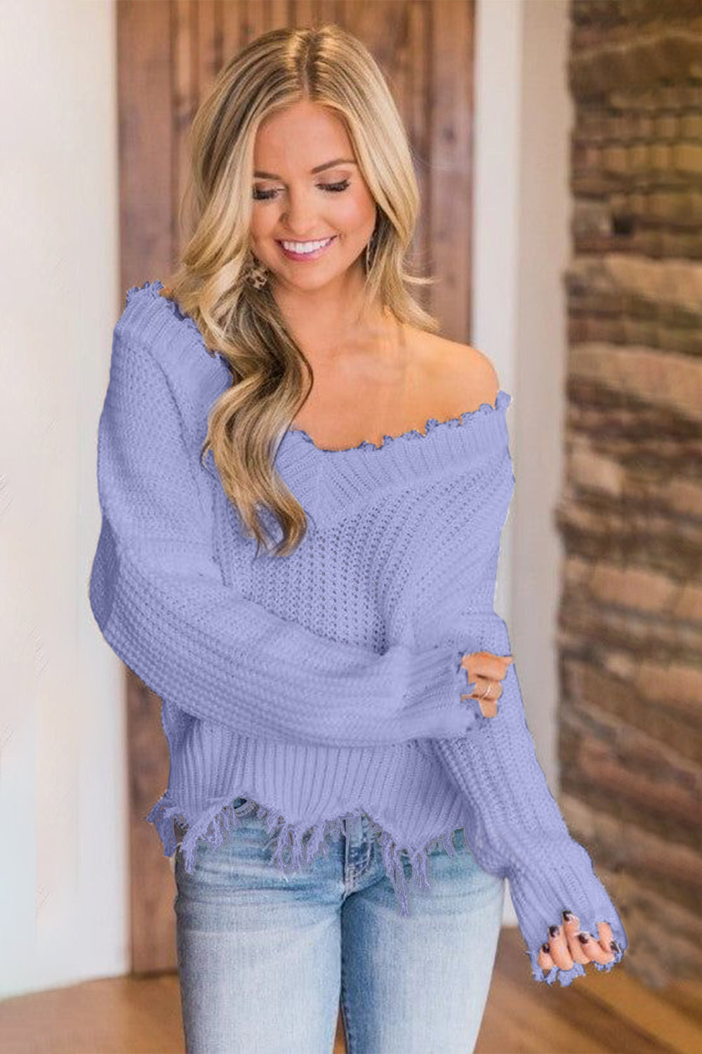 Frayed Hem Dropped Shoulder Sweater - Luxe4Everyday Sweater