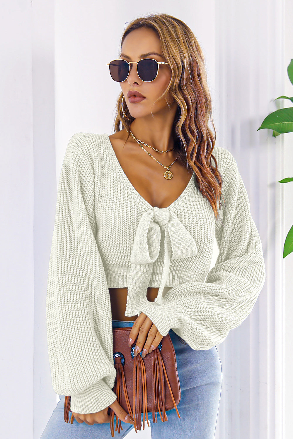 Bow V-Neck Long Sleeve Cropped Sweater - Luxe4Everyday Sweater