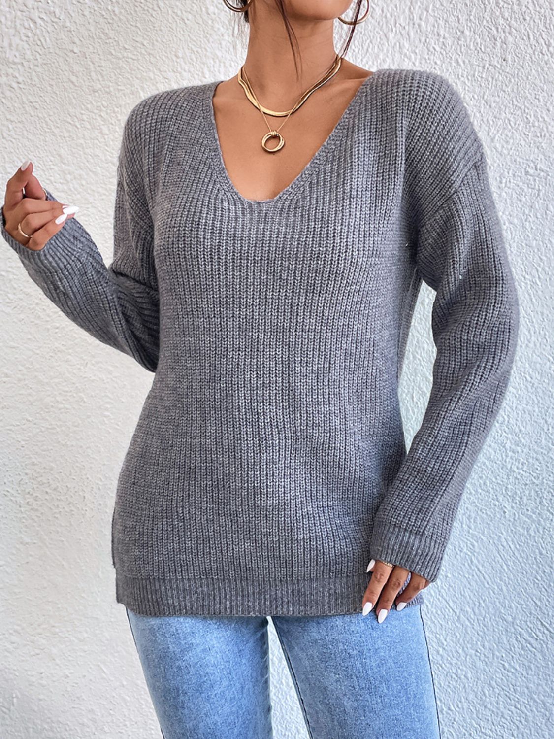 Crisscross V-Neck Long Sleeve Sweater - Luxe4Everyday Sweater