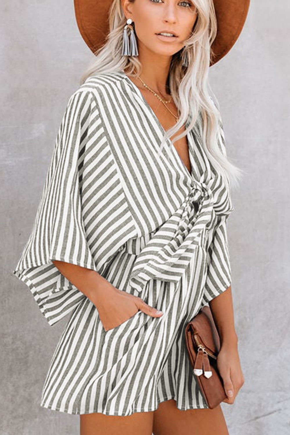 Bow Striped Kimono Sleeve Romper - Luxe4Everyday Blush Pink / S Rompers