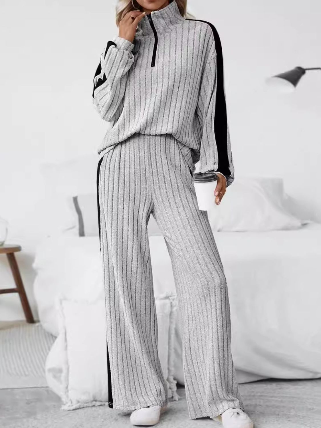 Plus Size Half Zip Long Sleeve Top and Pants Set - Luxe4Everyday Gray / XL Two-piece sets