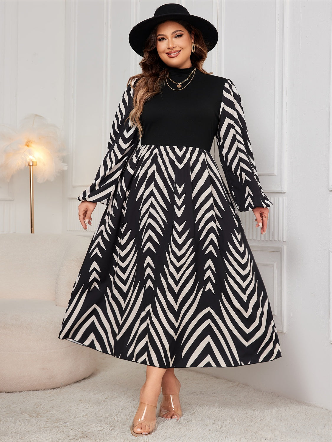 Honey Plus Size Printed Mock Neck Long Sleeve Midi Dress - Luxe4Everyday Black / 1XL Dress