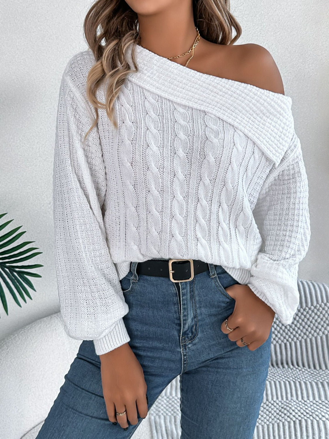 Cable-Knit One Shoulder Long Sleeve Sweater - Luxe4Everyday Sweater