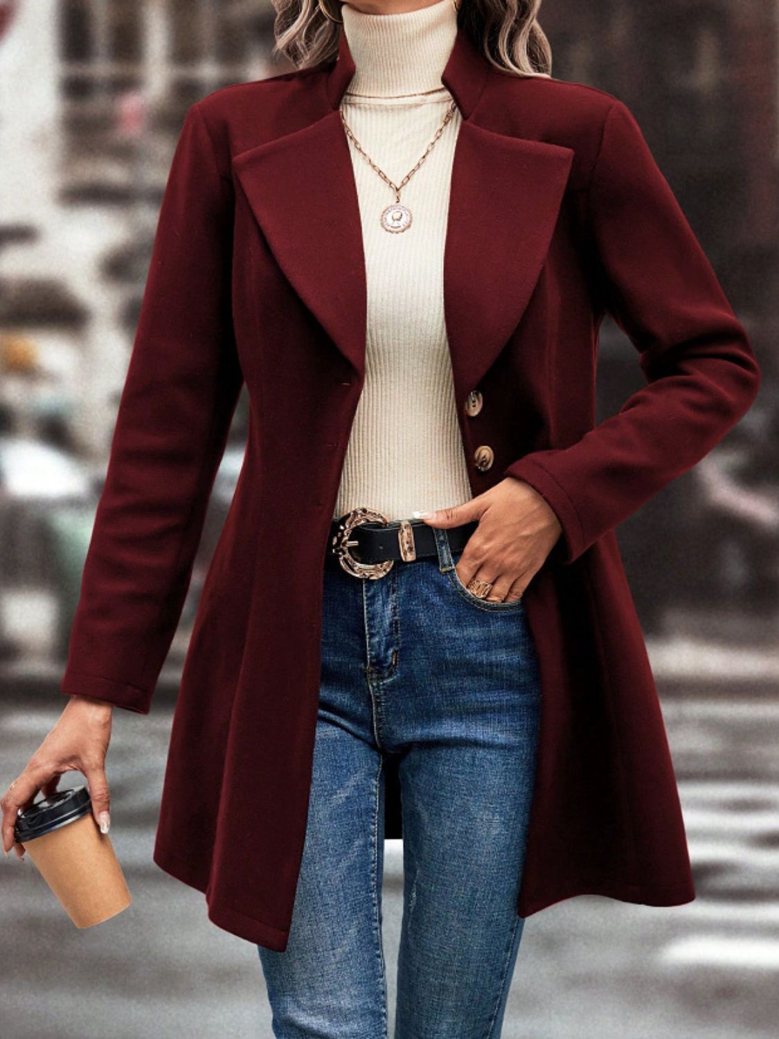 Collared Neck Button Up Long Sleeve Coat - Luxe4Everyday Burgundy / S Coat