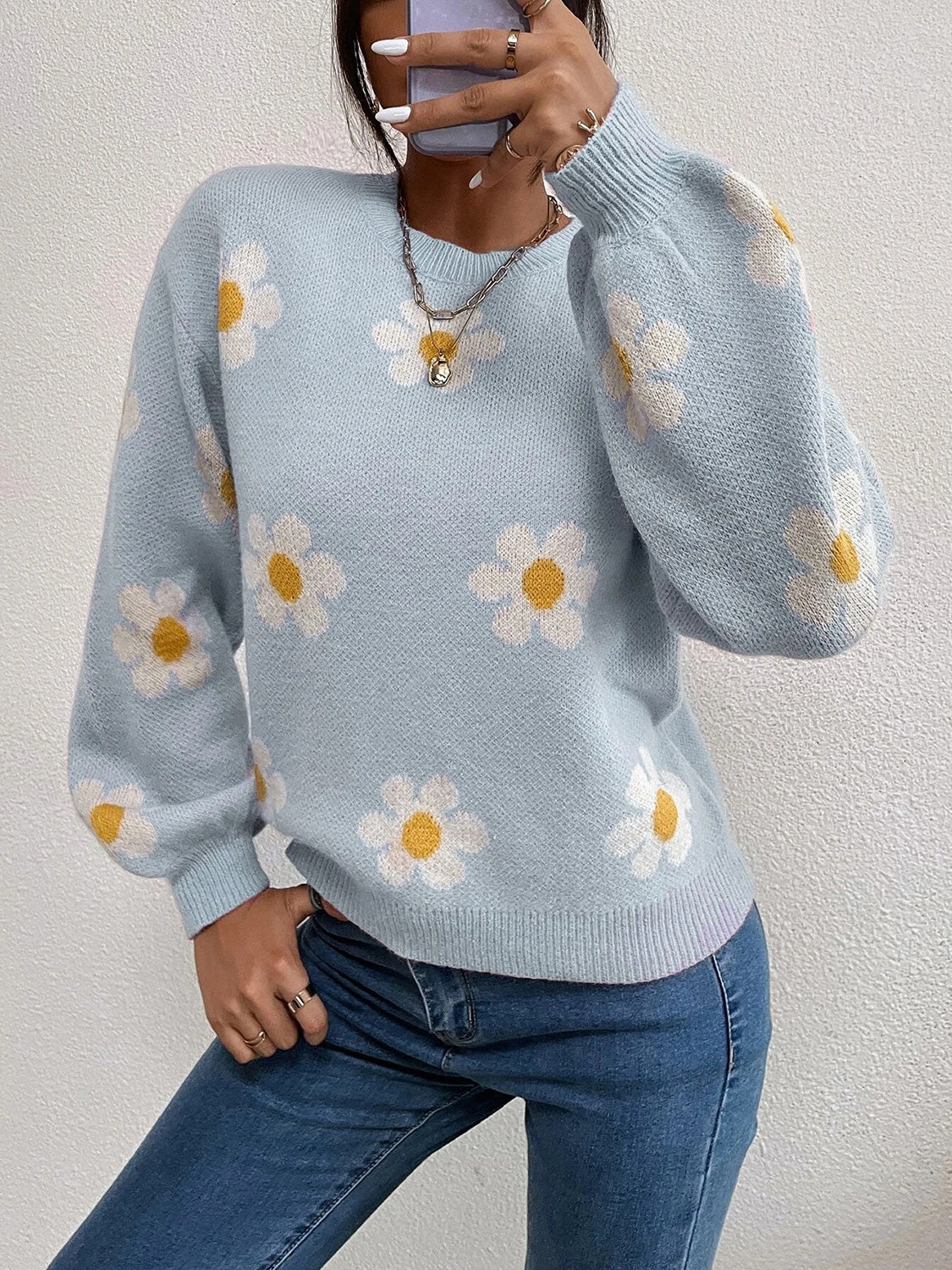 Flower Round Neck Latern Sleeve Sweater - Luxe4Everyday Sweater