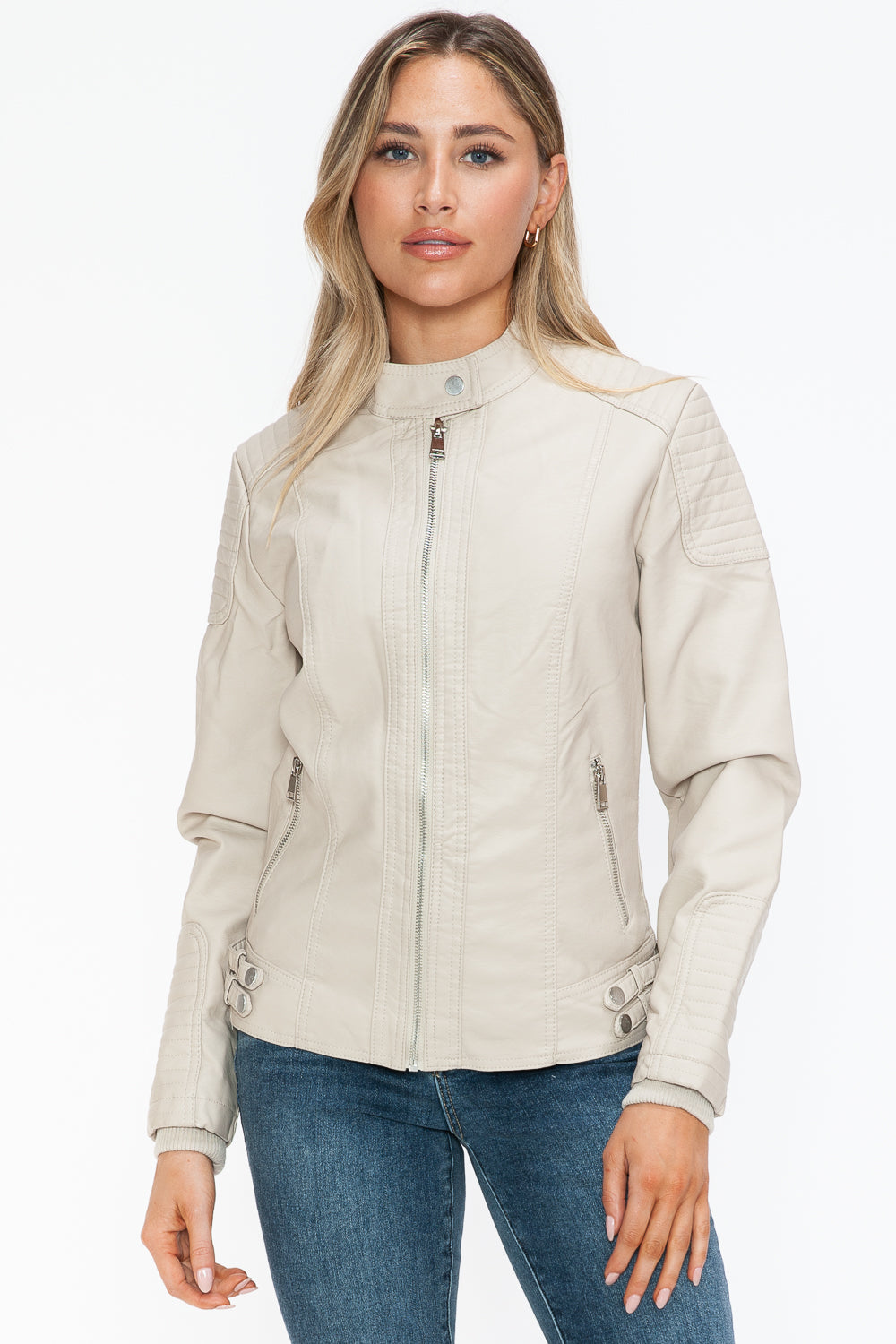 Snobbish Faux Leather Biker Jacket with Side Zip Pockets - Luxe4Everyday Sand / S Jacket