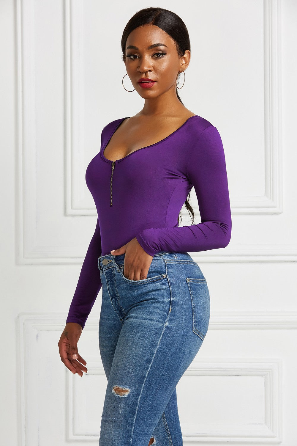 Half Zip Scoop Neck Long Sleeve Bodysuit - Luxe4Everyday Bodysuit