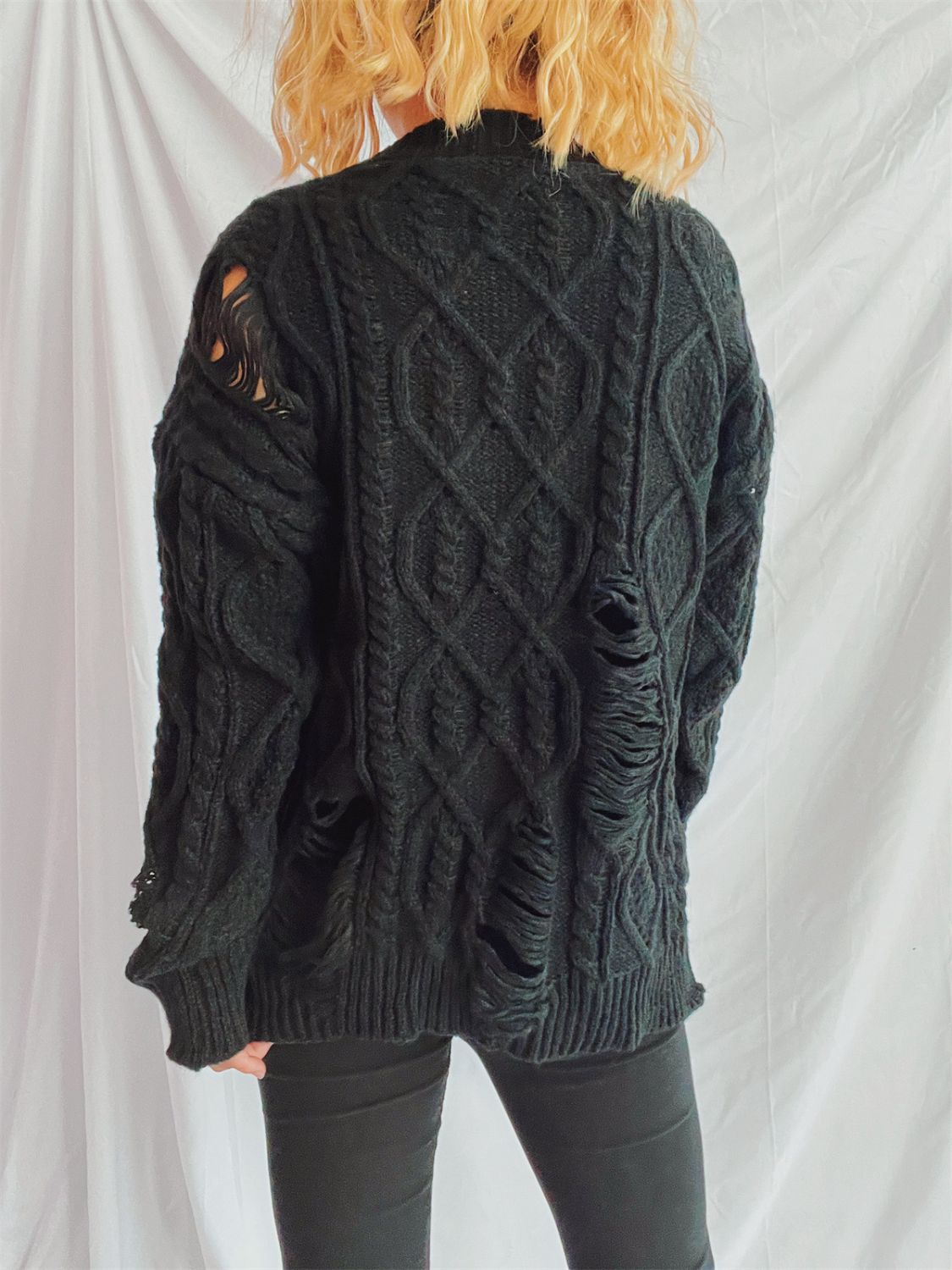 Distressed Cable-Knit Round Neck Long Sleeve Sweater - Luxe4Everyday Sweater