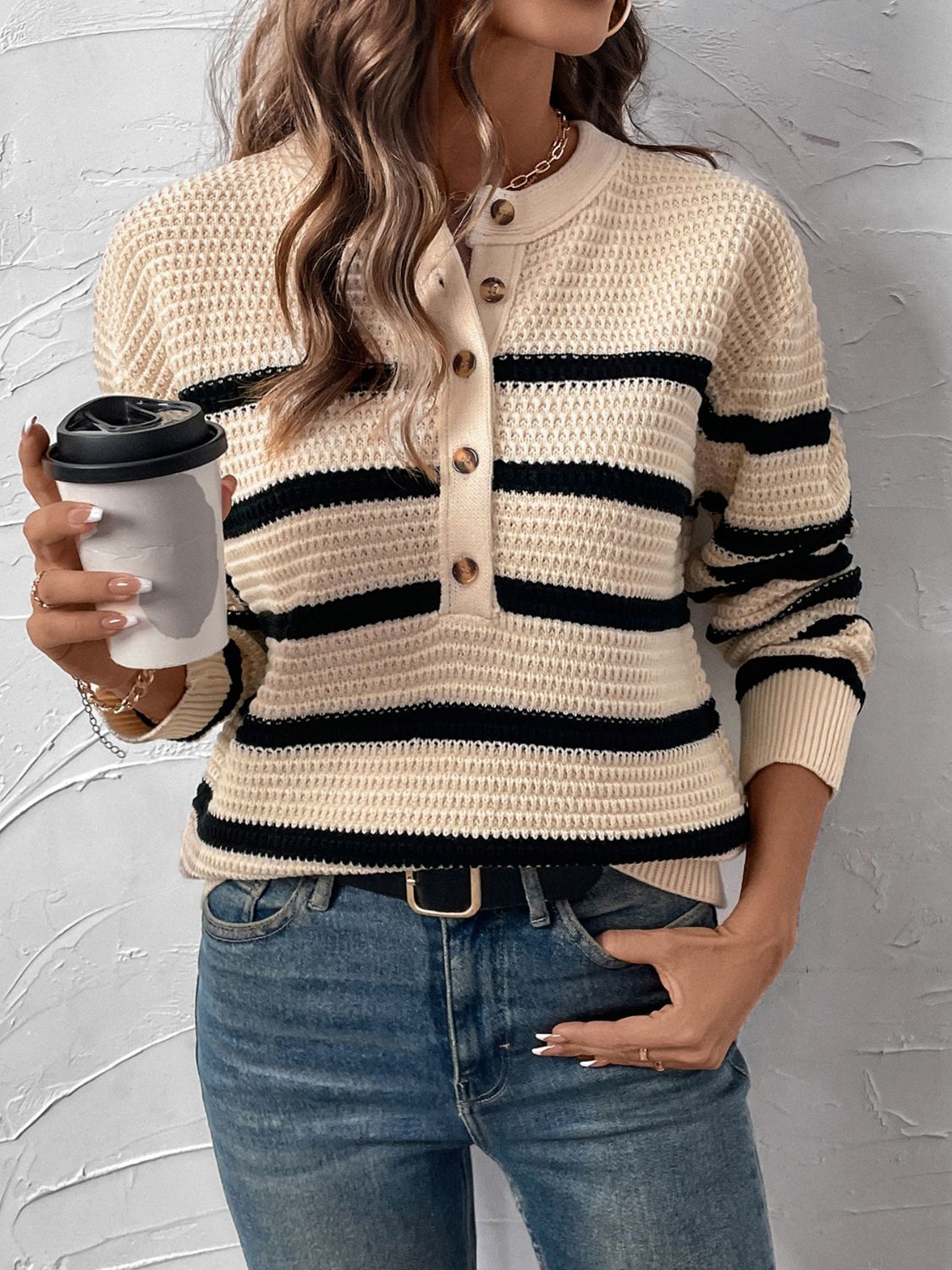 Perfee Striped Half Button Long Sleeve Sweater - Luxe4Everyday Sweater