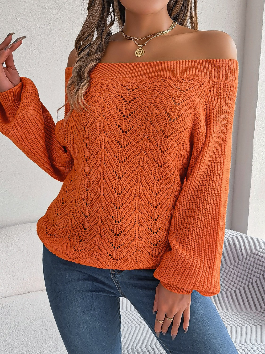 Openwork Off-Shoulder Long Sleeve Sweater - Luxe4Everyday Sweater