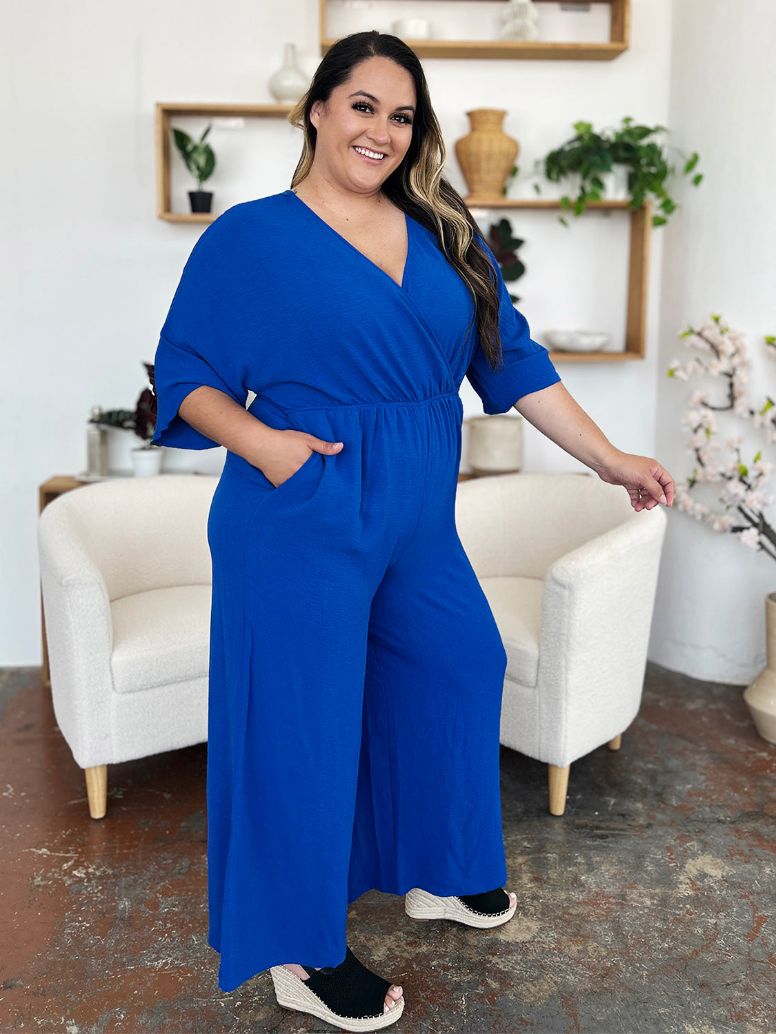 Double Take Full Size Surplice Wide Leg Jumpsuit with Pockets - Luxe4Everyday Jumpsuit