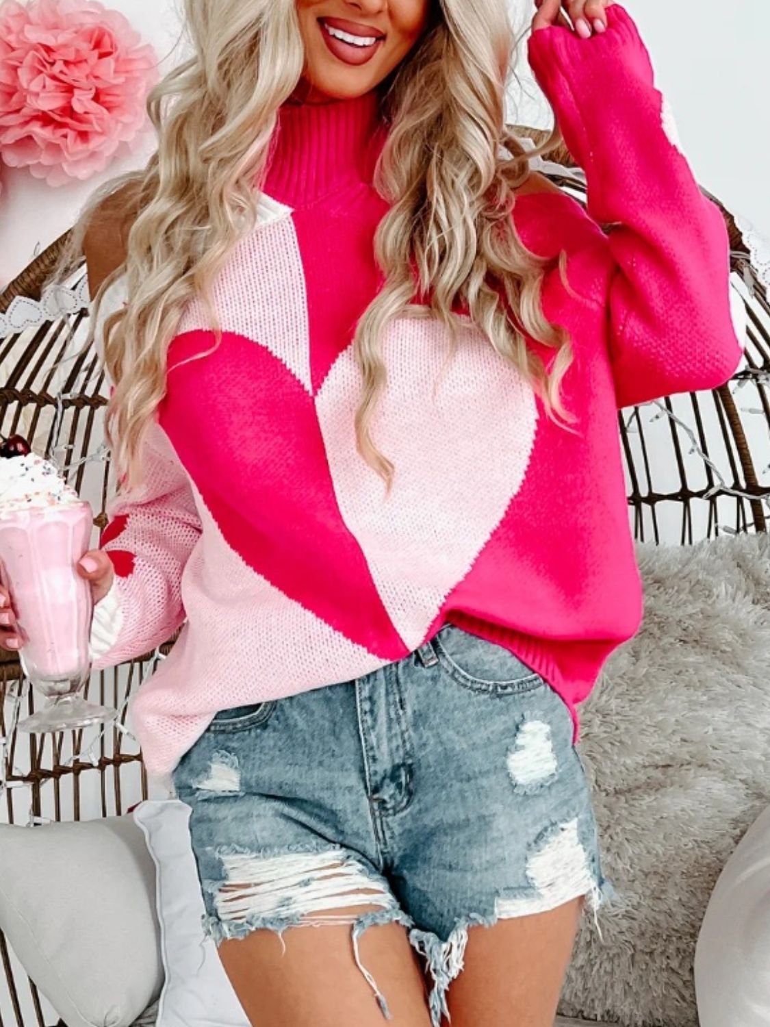 Valentine's Day Heart Turtleneck Cold Shoulder Sweater - Luxe4Everyday Hot Pink / S Sweater