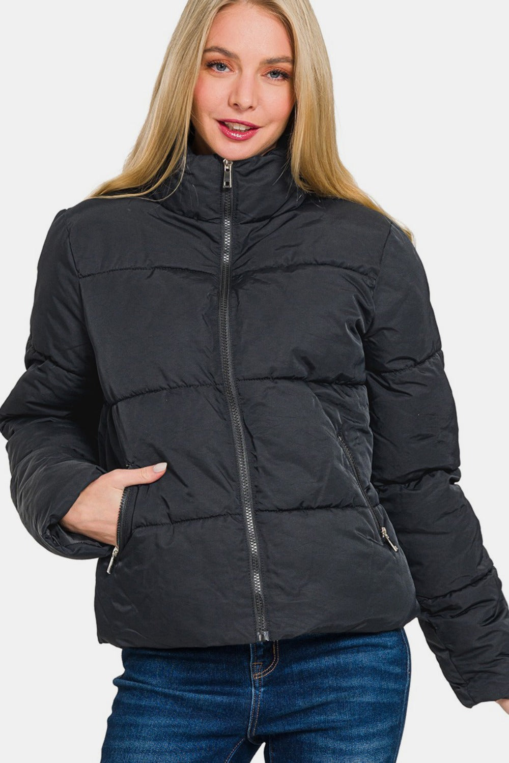 Zenana Zip Up Turtleneck Puffer Jacket with Pockets - Luxe4Everyday Black / S Coat