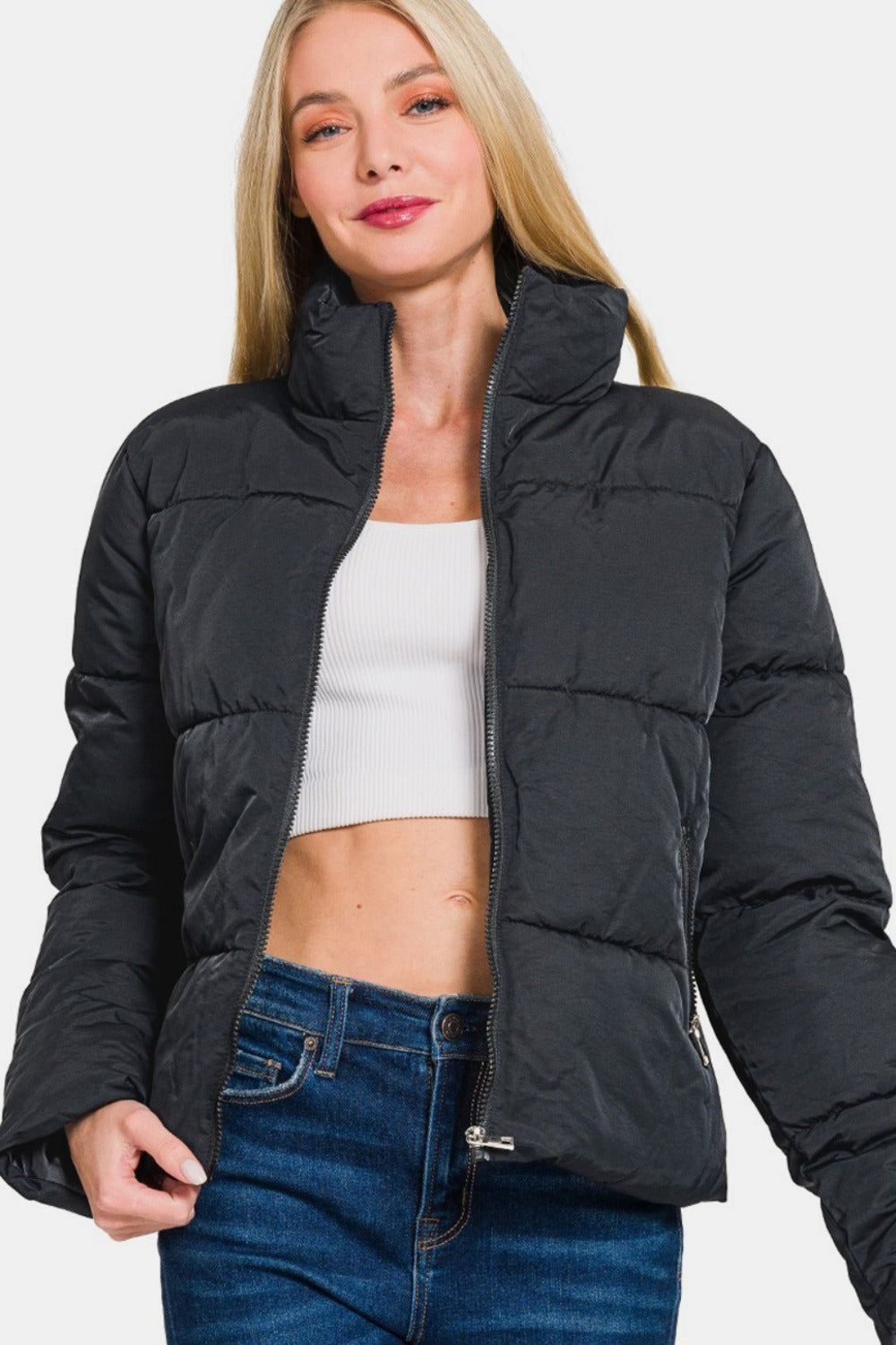 Zenana Zip Up Turtleneck Puffer Jacket with Pockets - Luxe4Everyday Black / S Coat