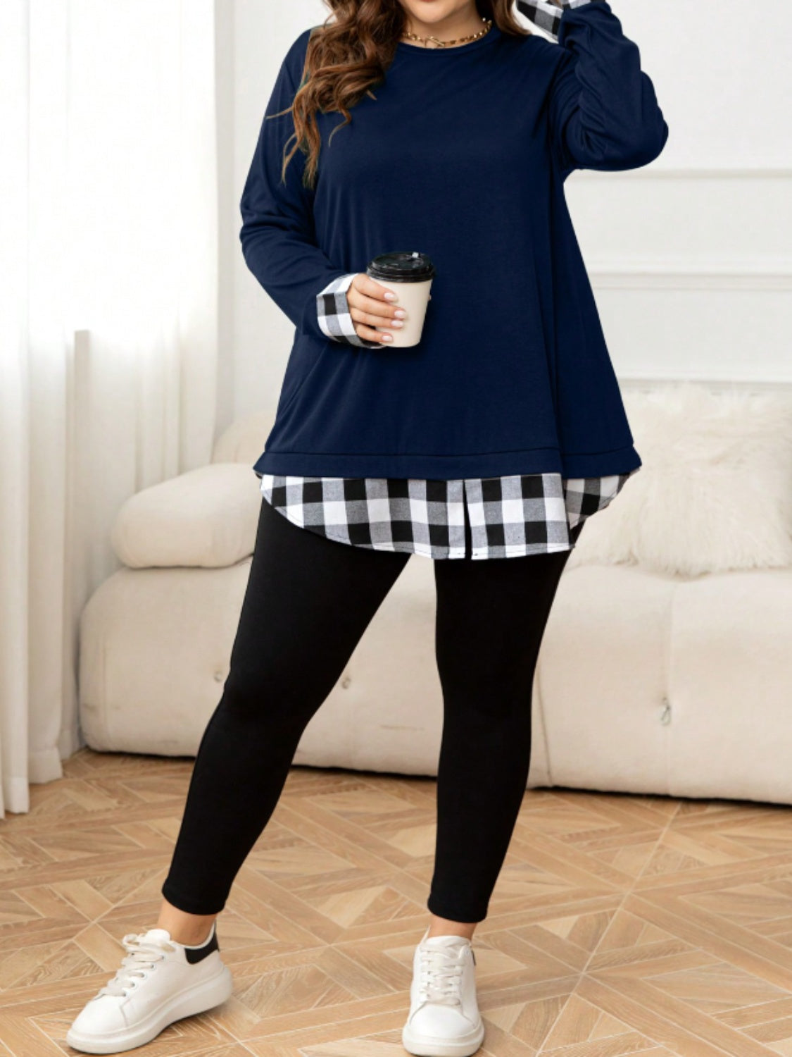 Plus Size Plaid Hem Round Neck Long Sleeve Sweatshirt - Luxe4Everyday Dark Navy / 0XL Sweater