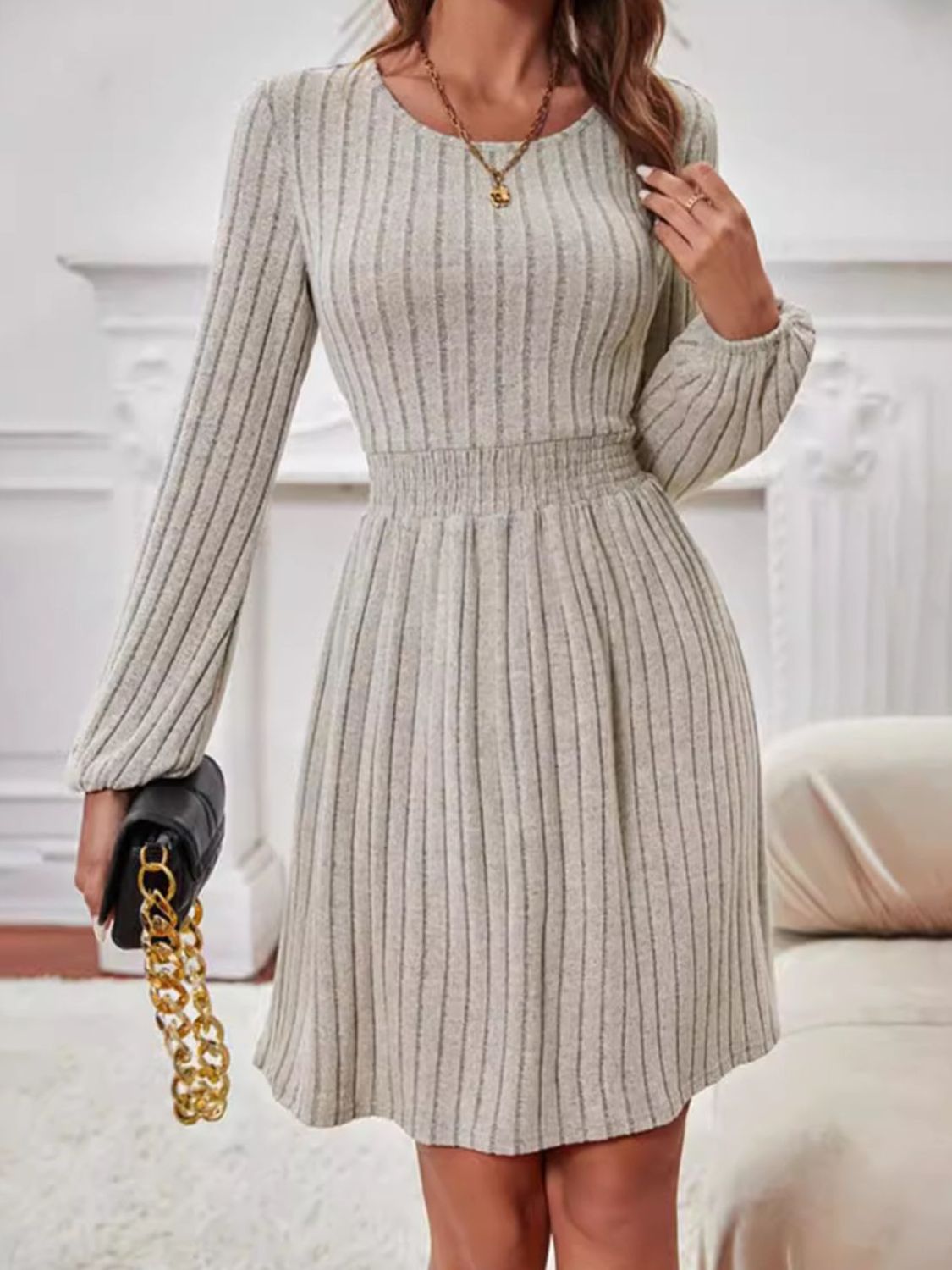 Smocked Round Neck Long Sleeve Knee Length Dress - Luxe4Everyday Dust Storm / S dress