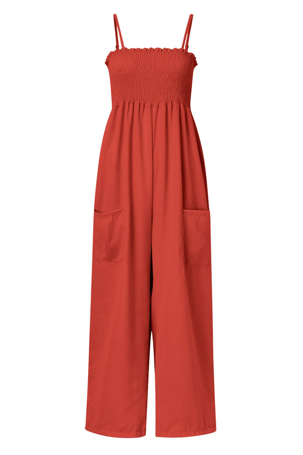 Smocked Spaghetti Strap Wide Leg Jumpsuit - Luxe4Everyday Orange-Red / S Jumpsuit