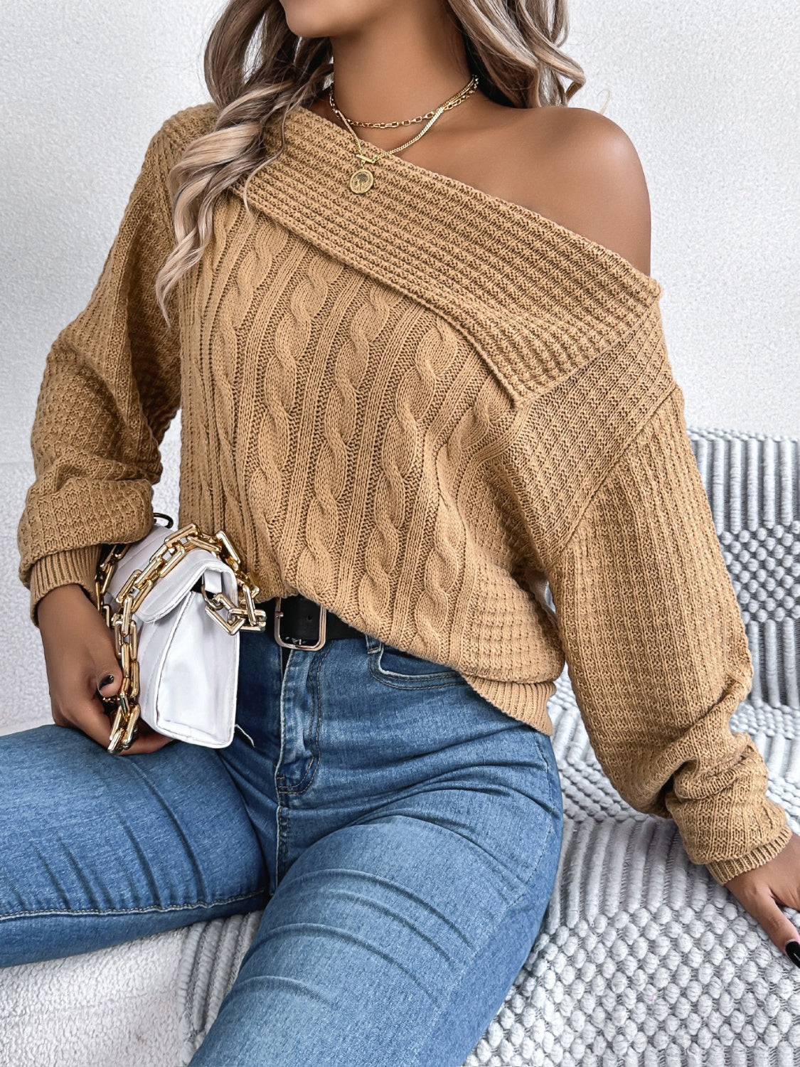 Cable-Knit One Shoulder Long Sleeve Sweater - Luxe4Everyday Sweater