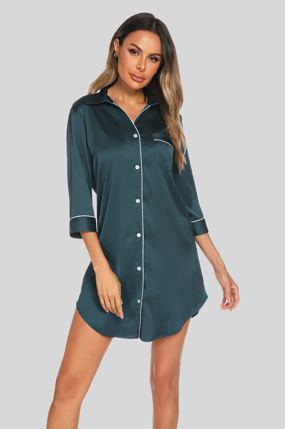 Button Up Collared Neck Night Dress with Pocket - Luxe4Everyday Deep Teal / S Lounge Wear