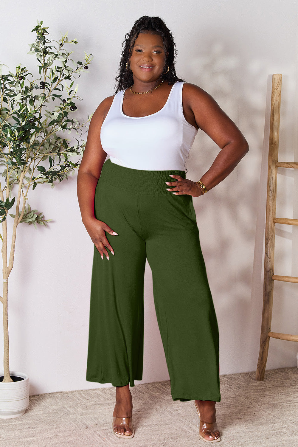 Double Take Full Size Smocked Wide Waistband Wide Leg Pants - Luxe4Everyday Pants