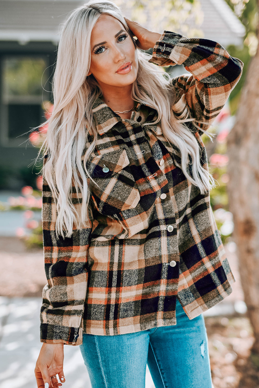 Plaid Button Front Shirt Jacket with Breast Pockets - Luxe4Everyday Blue / S Jacket