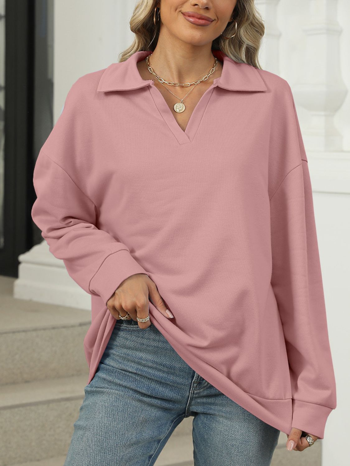 Johnny Collar Long Sleeve Sweatshirt - Luxe4Everyday Sweater