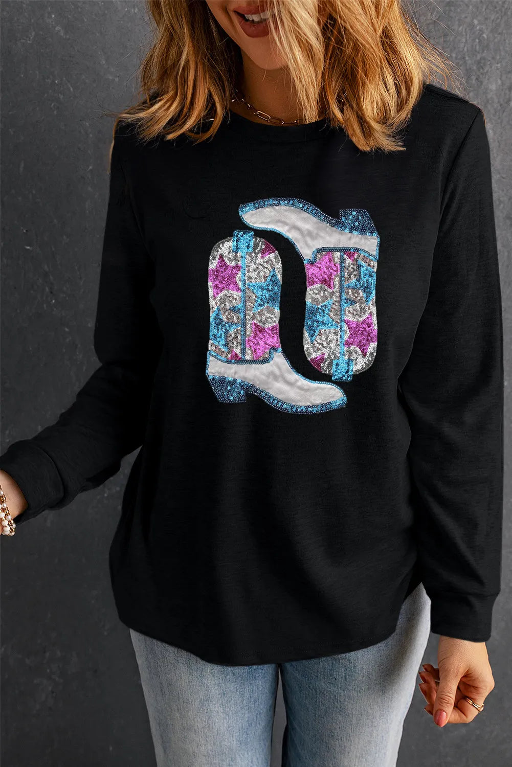 Boots Round Neck Long Sleeve Sweatshirt - Luxe4Everyday Sweatshirt