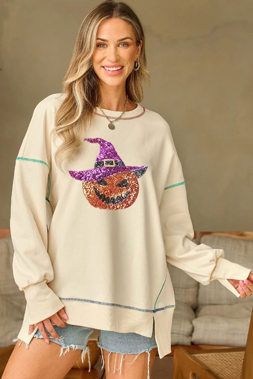 Contrast Stitching Sequin Pumpkin Round Neck Long Sleeve Sweatshirt - Luxe4Everyday Ivory / S Sweater