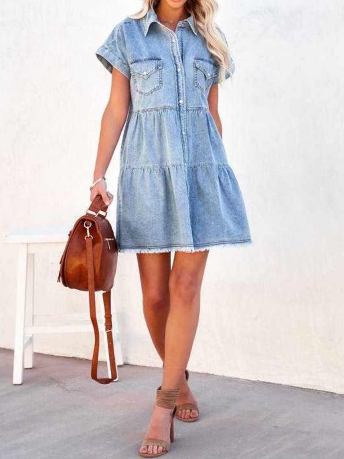 Raw Hem Short Sleeve Denim Dress - Luxe4Everyday Dress