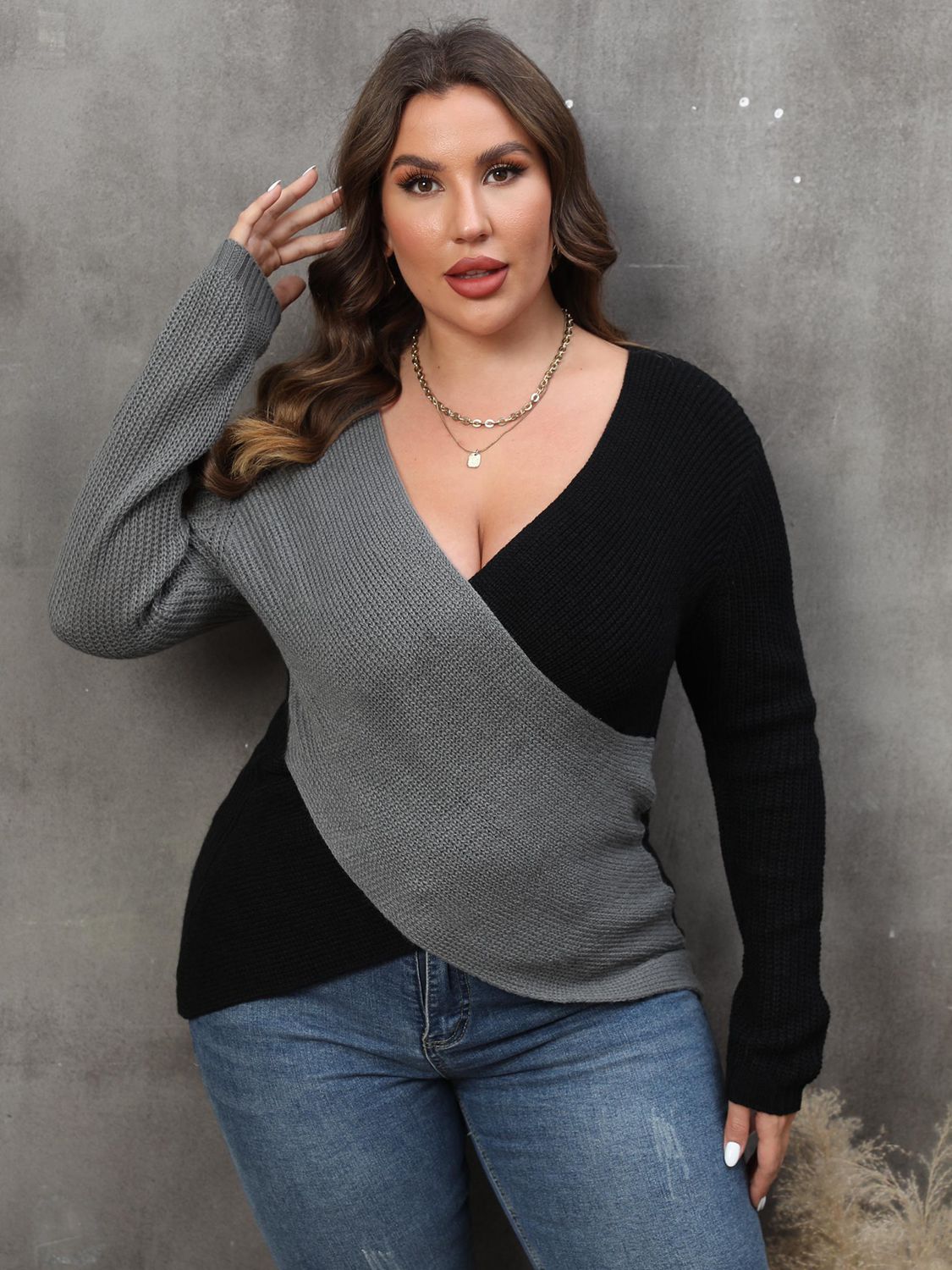 Plus Size Two-Tone Surplice Neck Sweater - Luxe4Everyday Dark Gray / 1XL Shirts