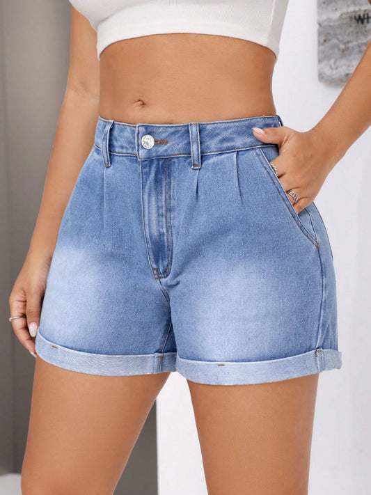 Rolled Hem Mid-Rise Waist Denim Shorts - Luxe4Everyday Light / S Shorts