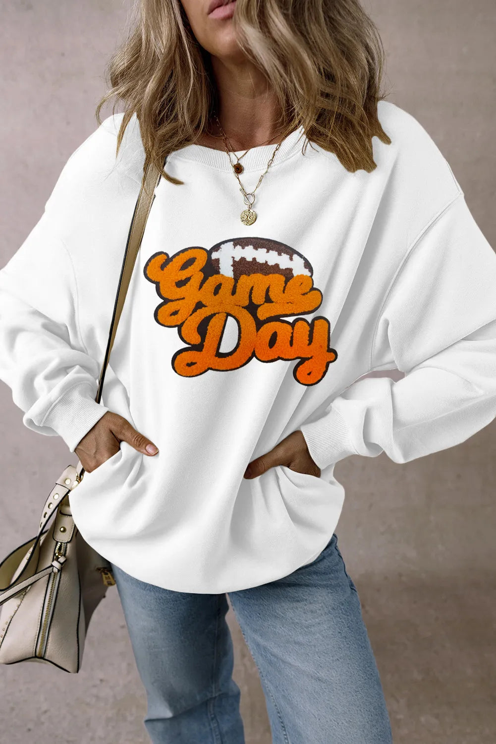 GAME DAY Football Round Neck Long Sleeve Sweatshirt - Luxe4Everyday White / S Sweatshirt