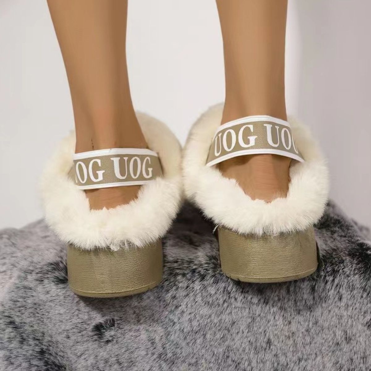 Plush Platform Slippers with Letter Strap - Luxe4Everyday Camel / 36(US5) shoes