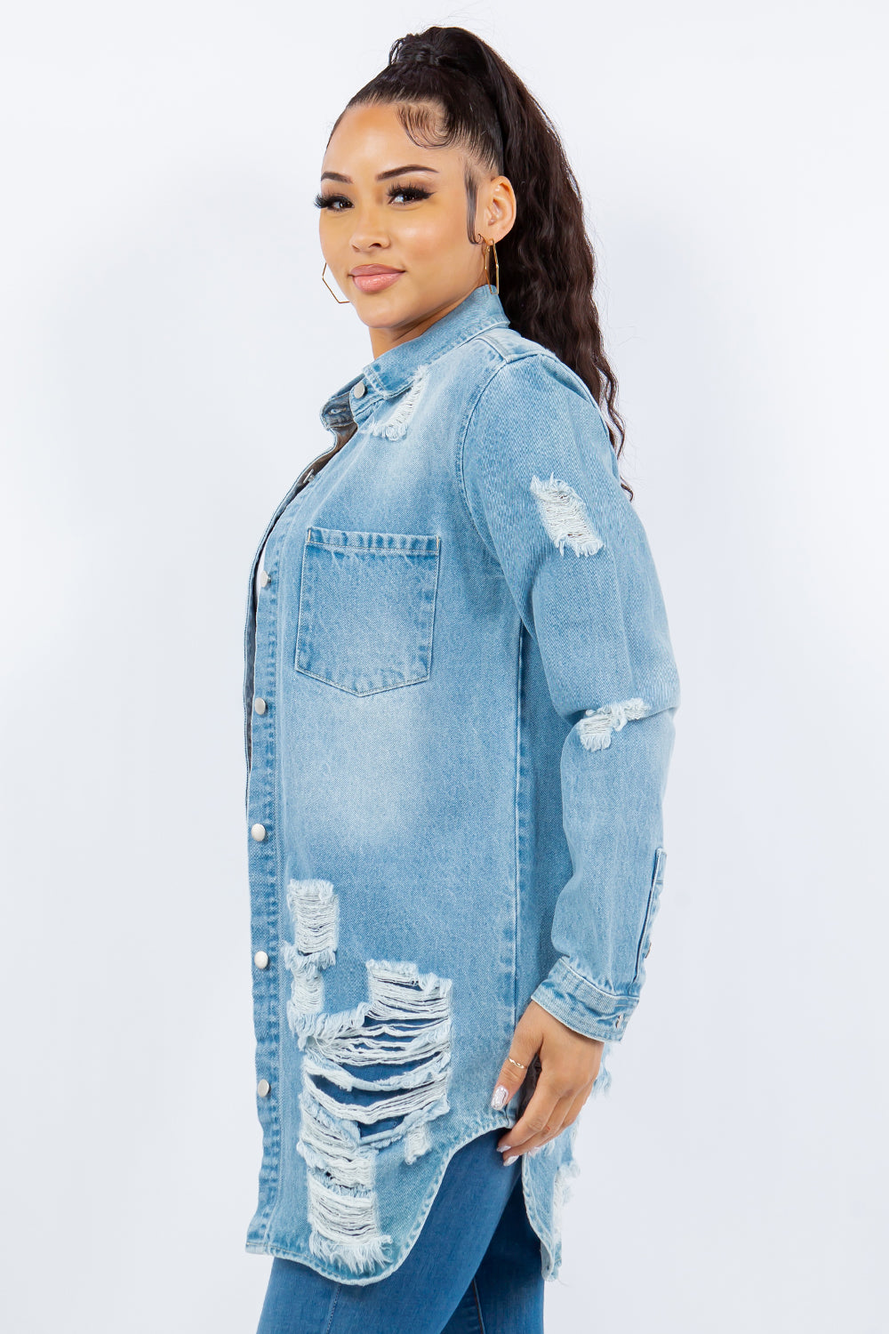 American Bazi Distressed Button Up Long Sleeve Denim Jacket - Luxe4Everyday Jacket