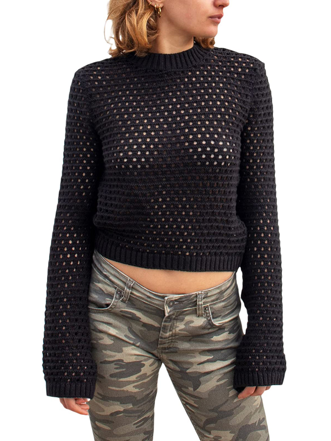 Openwork Round Neck Long Sleeve Knit Top - Luxe4Everyday Sweater