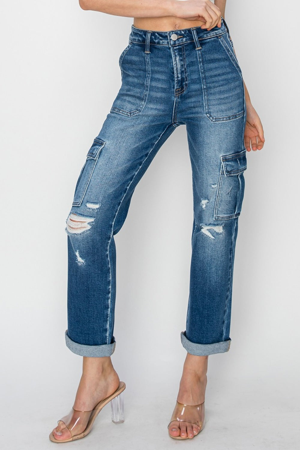 RISEN Full Size High Rise Cargo Ankle Roll Up Straight Jeans - Luxe4Everyday Jeans