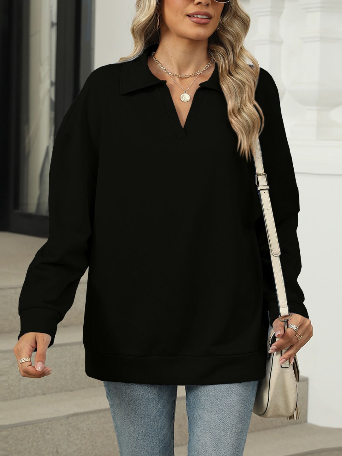 Johnny Collar Long Sleeve Sweatshirt - Luxe4Everyday Sweater