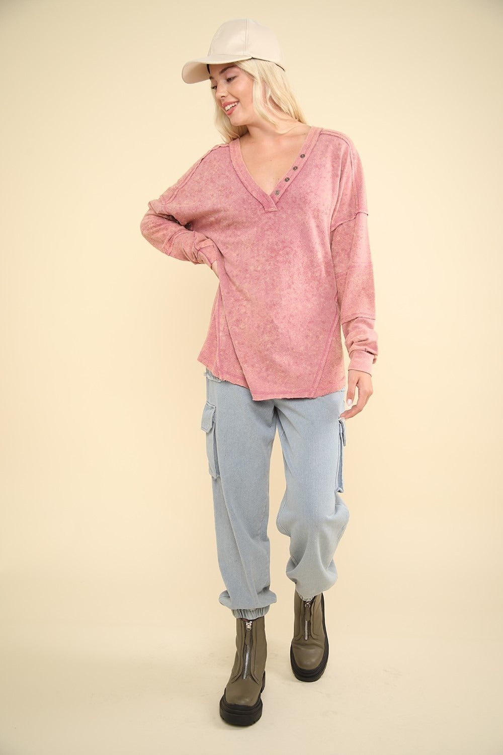 VERY J Washed V-Neck Exposed Seam Knit Top - Luxe4Everyday Mauve / S Shirt