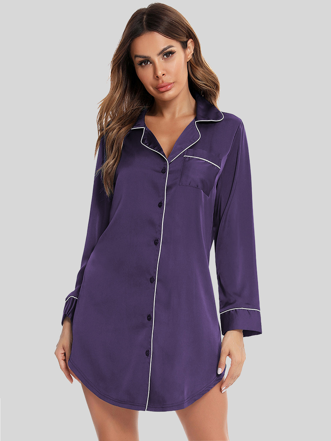 Button Up Lapel Collar Night Dress with Pocket - Luxe4Everyday Violet / S Lounge wear