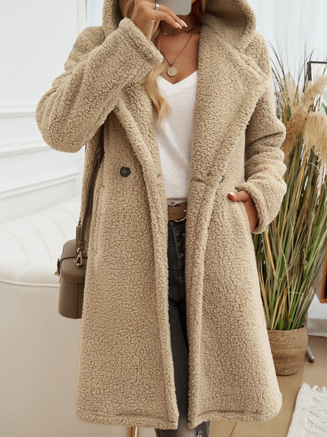 Devine Pocketed Long Sleeve Hooded Teddy Coat - Luxe4Everyday Coat