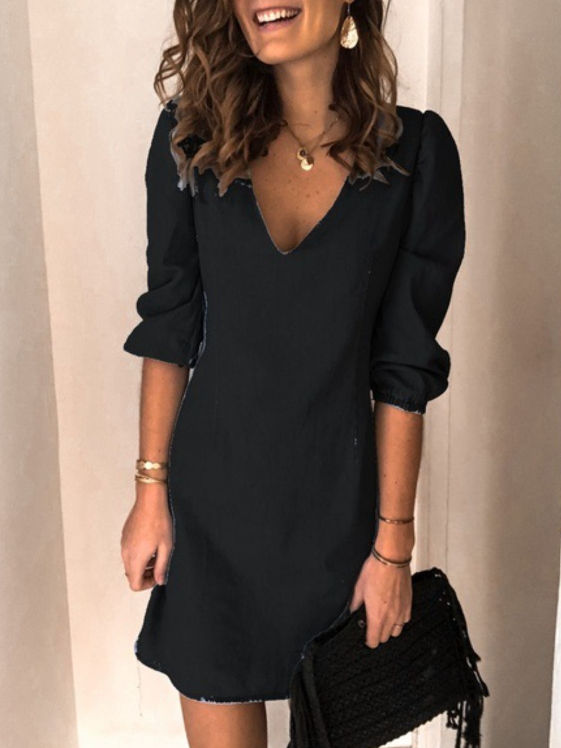 Full Size V-Neck Half Sleeve Dress - Luxe4Everyday Black / S Dress