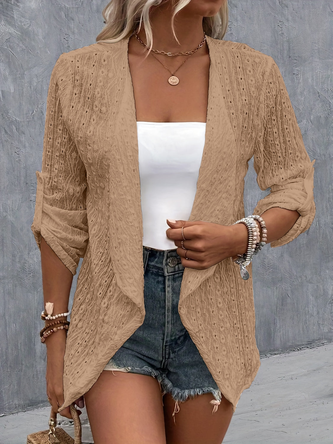 Eyelet Roll-Tab Sleeve Cardigan - Luxe4Everyday Camel / S Jacket