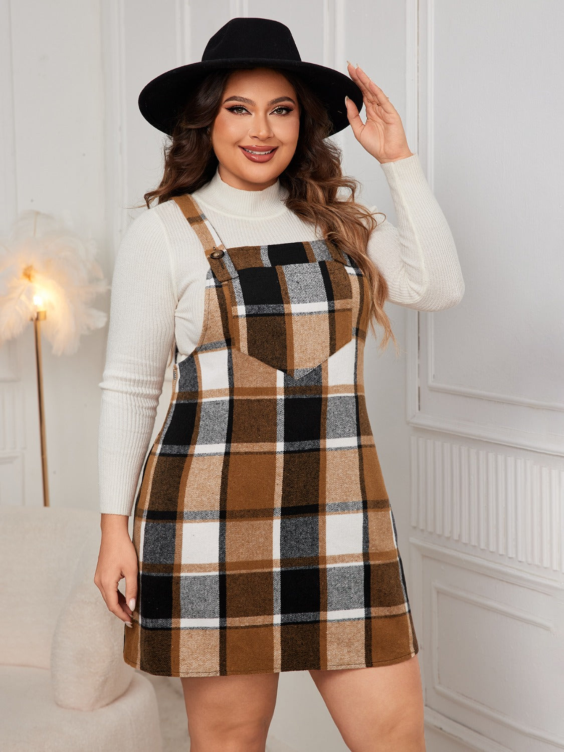 Honey Plus Size Plaid Wide Strap Overall Dress - Luxe4Everyday Caramel / 1XL Dress