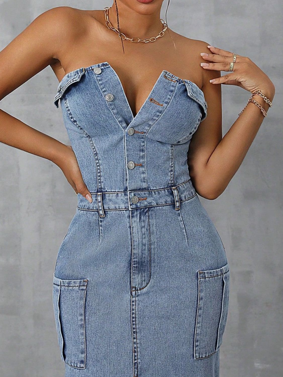 Slit Half Button Tube Denim Dress - Luxe4Everyday Light / S Dress