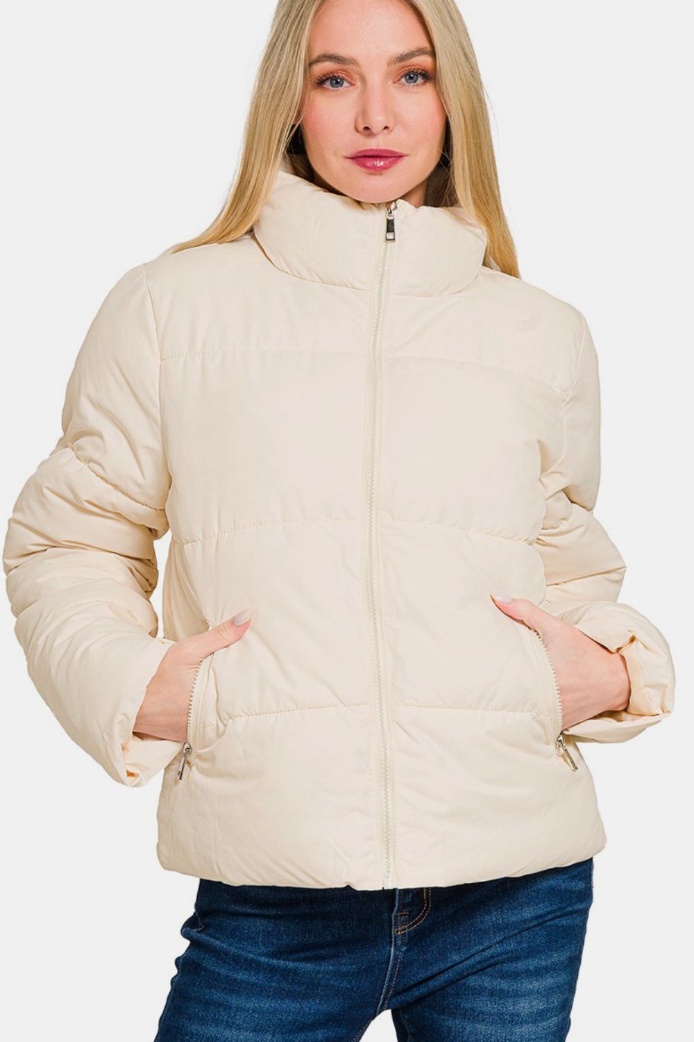 Zenana Zip Up Turtleneck Puffer Jacket with Pockets - Luxe4Everyday Cream / S Coat